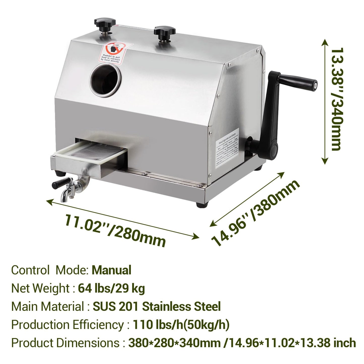 Manual Sugar Cane Juicer Machine, Sugar Cane Press with 3 Stainless Steel Drums and 2.4-inch Large Inlet, Sugarcane Juice Machine with 110LBS/H, Suitable for Home/Commercial Use