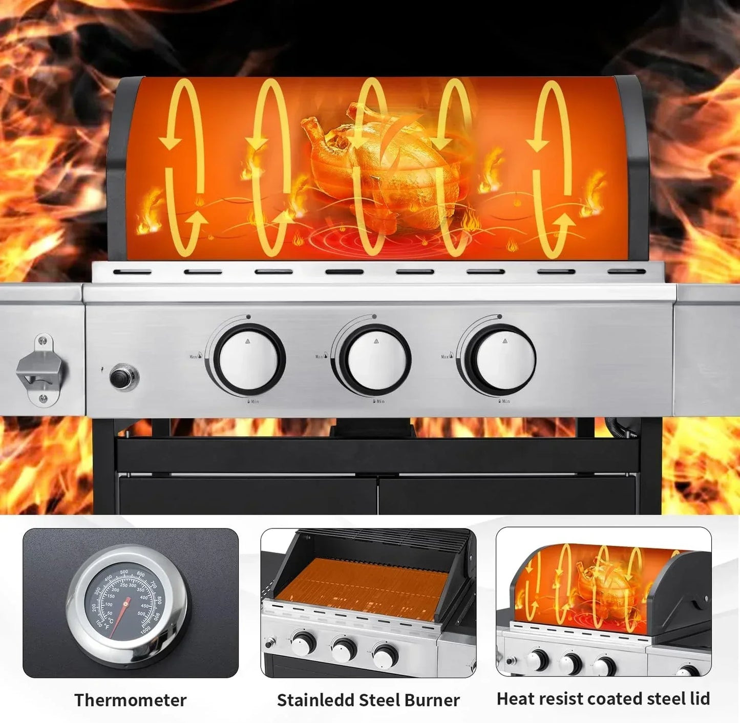Upgraded 4 Burner BBQ Propane Gas Grill with Cast Iron Grates & Side Stove, 44,000 BTU Stainless Steel Burner Barbecue Grill for Patio, Camping, Outdoor Cooking.